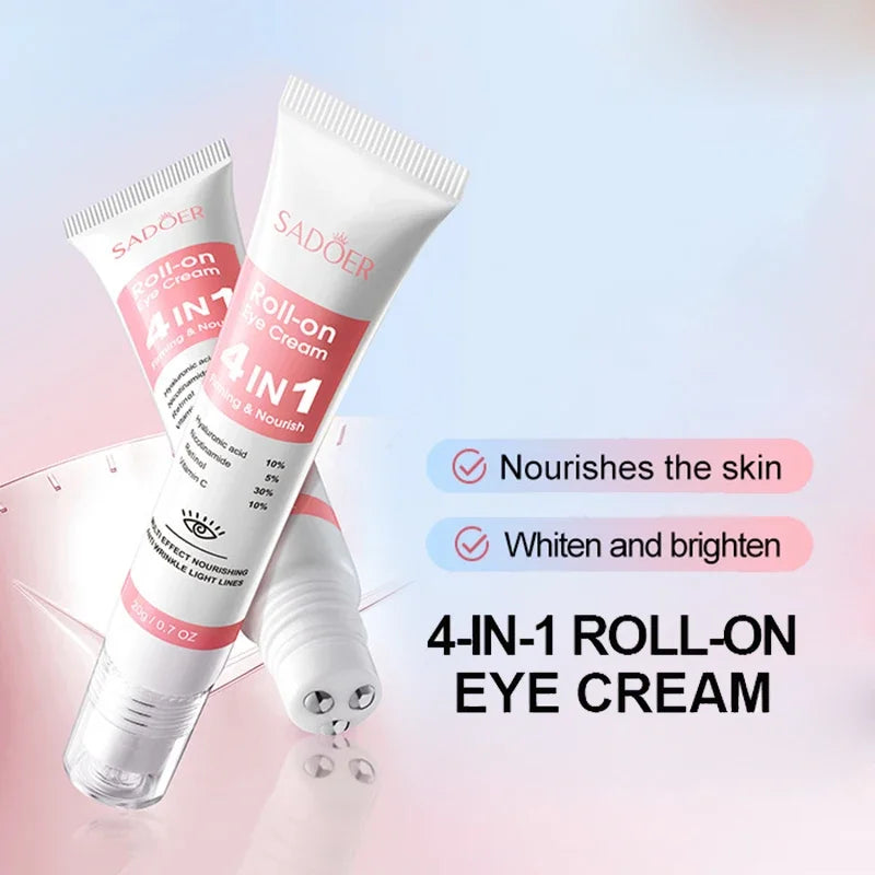 SADOER 4in1 Roll-on Feuchtigkeitsspendende Augencreme gegen Augenringe und Tränensäcke, straffendes Feuchtigkeitsserum für schöne Augen