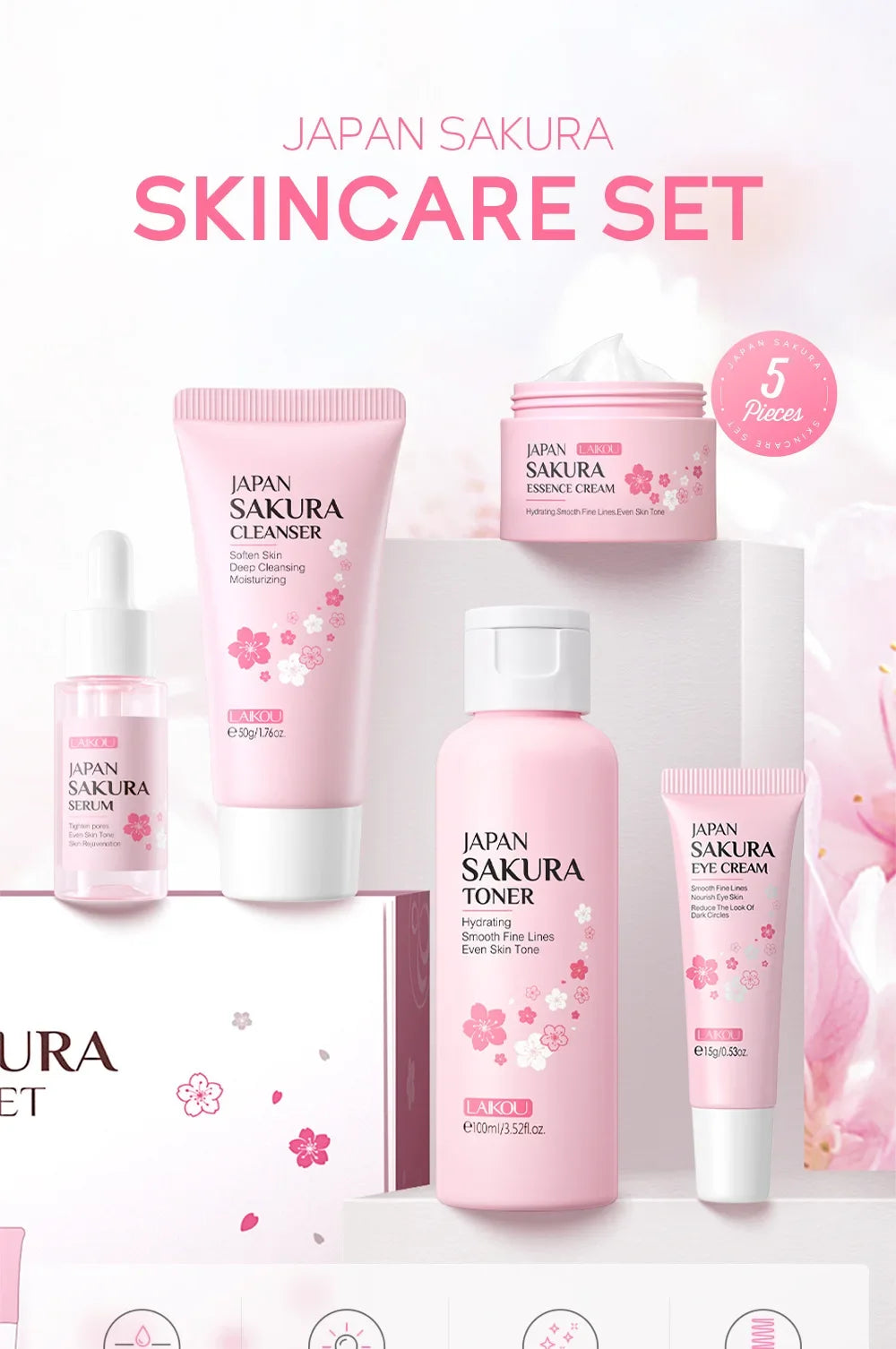 LAIKOU Sakura Kit Hautpflege-Sets – Feuchtigkeitsspendend, Fältchen reduzierend, Porenreinigend – 5-teilig – Geschenkidee zum Koreanischen Frauentag