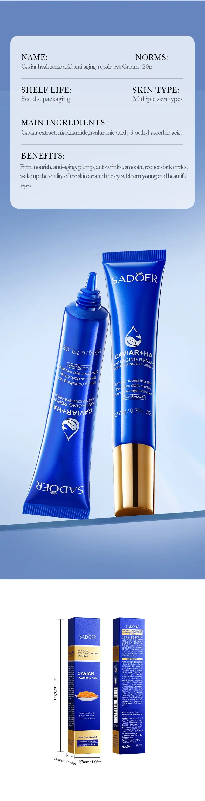 SADOER Kaviar Hyaluronsäure Augencreme – Anti-Aging Behandlung gegen dunkle Ringe & Tränensäcke