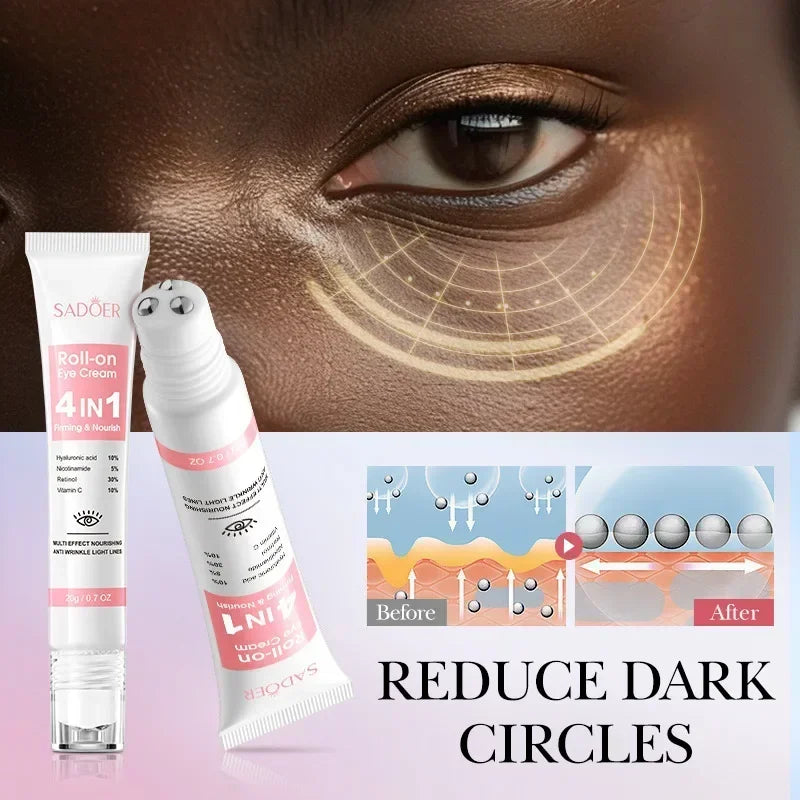 SADOER 4in1 Roll-on Feuchtigkeitsspendende Augencreme gegen Augenringe und Tränensäcke, straffendes Feuchtigkeitsserum für schöne Augen