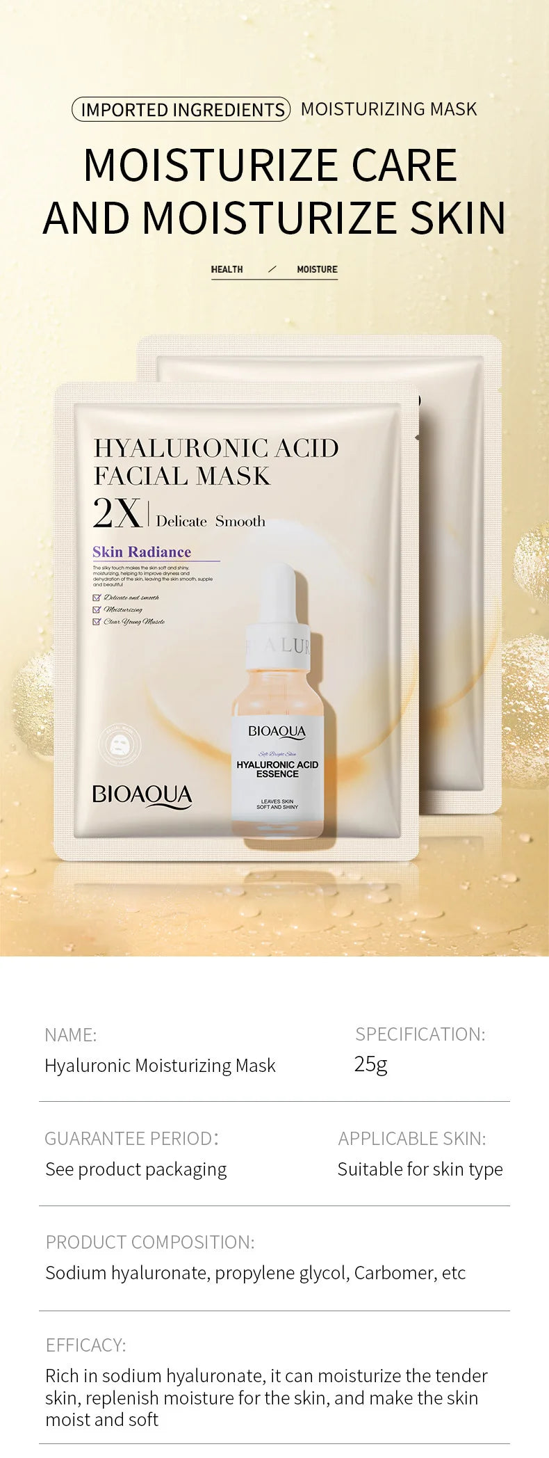 20 Stück BIOAQUA Centella Collagen Gesichtsmasken Feuchtigkeitsspendende, erfrischende Tuchmasken Hyaluronsäure-Gesichtsmaske Hautpflegeprodukte