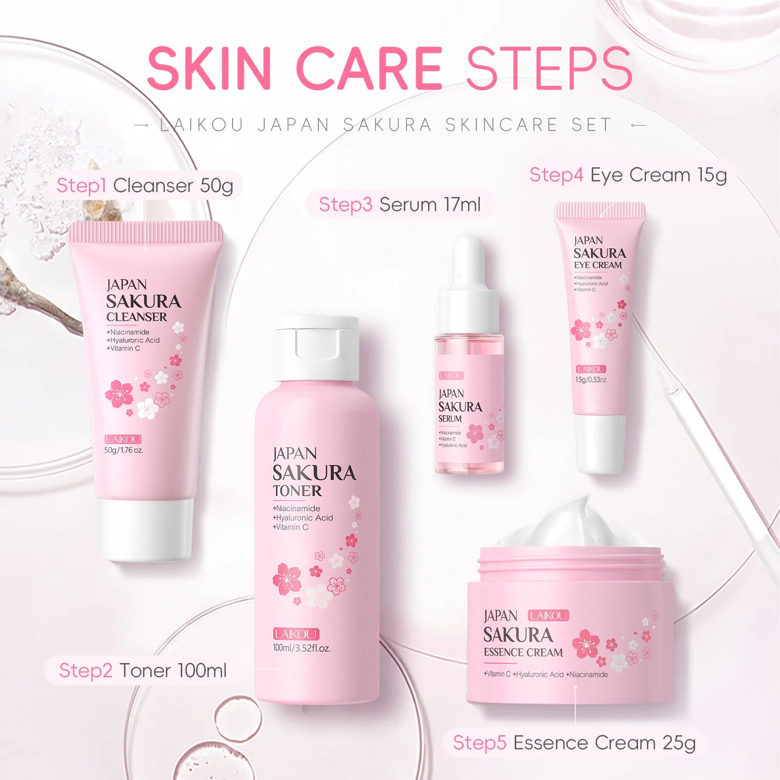 LAIKOU Sakura Kit Hautpflege-Sets – Feuchtigkeitsspendend, Fältchen reduzierend, Porenreinigend – 5-teilig – Geschenkidee zum Koreanischen Frauentag