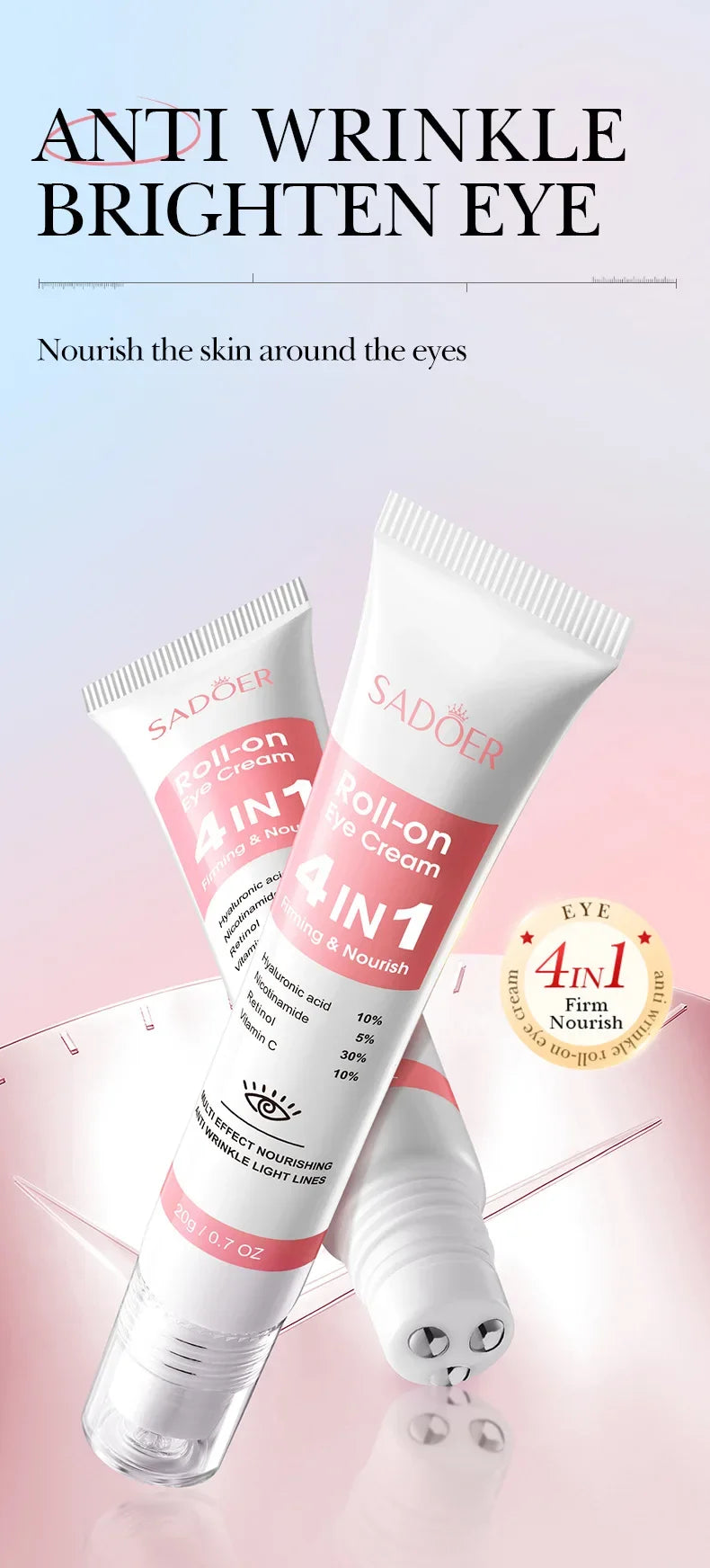 SADOER 4in1 Roll-on Feuchtigkeitsspendende Augencreme gegen Augenringe und Tränensäcke, straffendes Feuchtigkeitsserum für schöne Augen