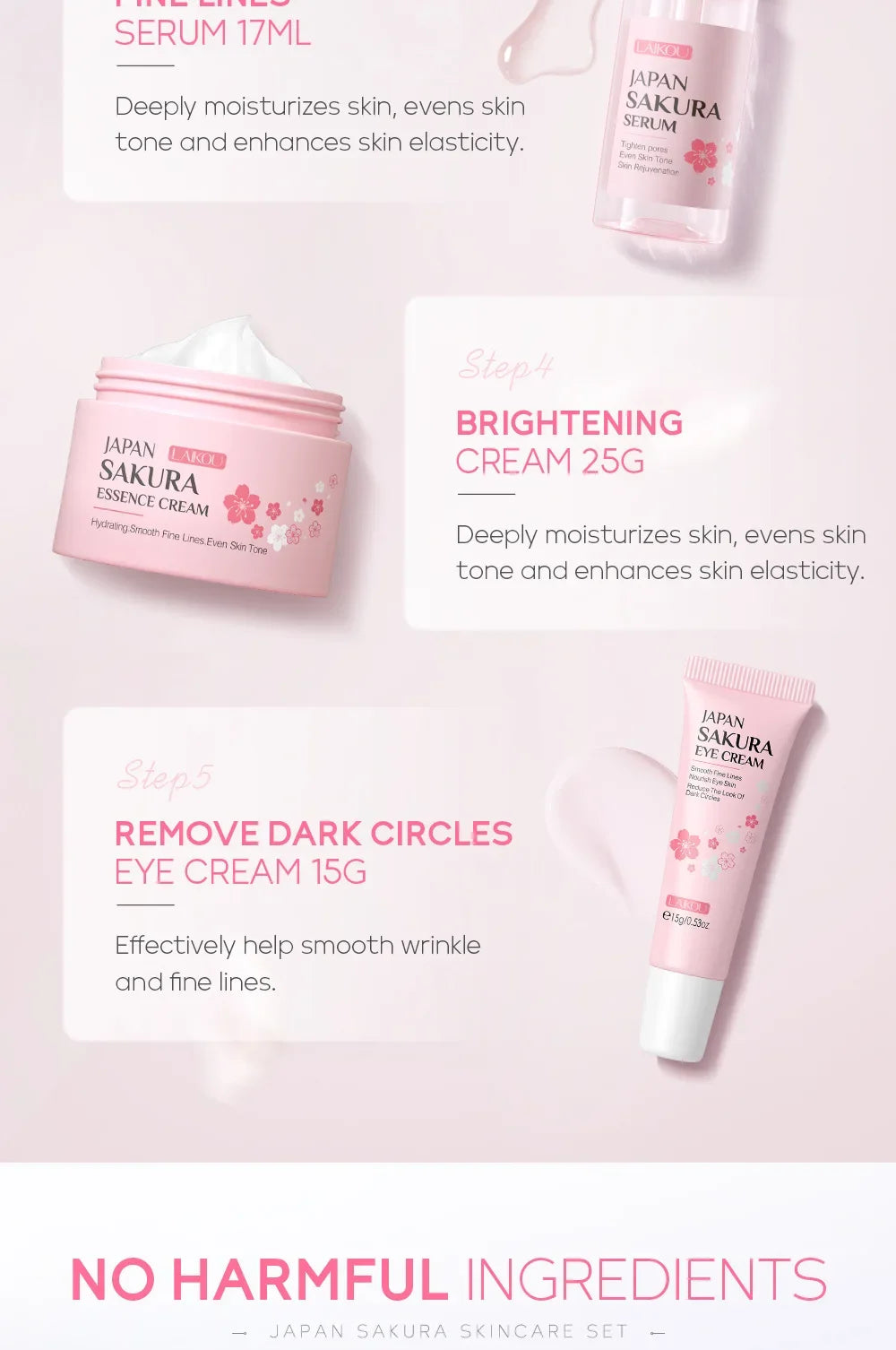 LAIKOU Sakura Kit Hautpflege-Sets – Feuchtigkeitsspendend, Fältchen reduzierend, Porenreinigend – 5-teilig – Geschenkidee zum Koreanischen Frauentag