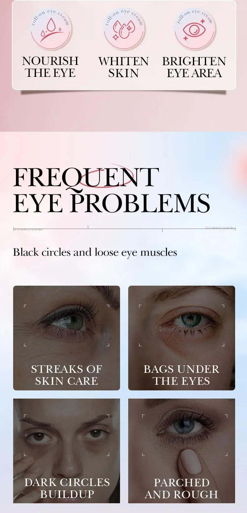 SADOER 4in1 Roll-on Feuchtigkeitsspendende Augencreme gegen Augenringe und Tränensäcke, straffendes Feuchtigkeitsserum für schöne Augen