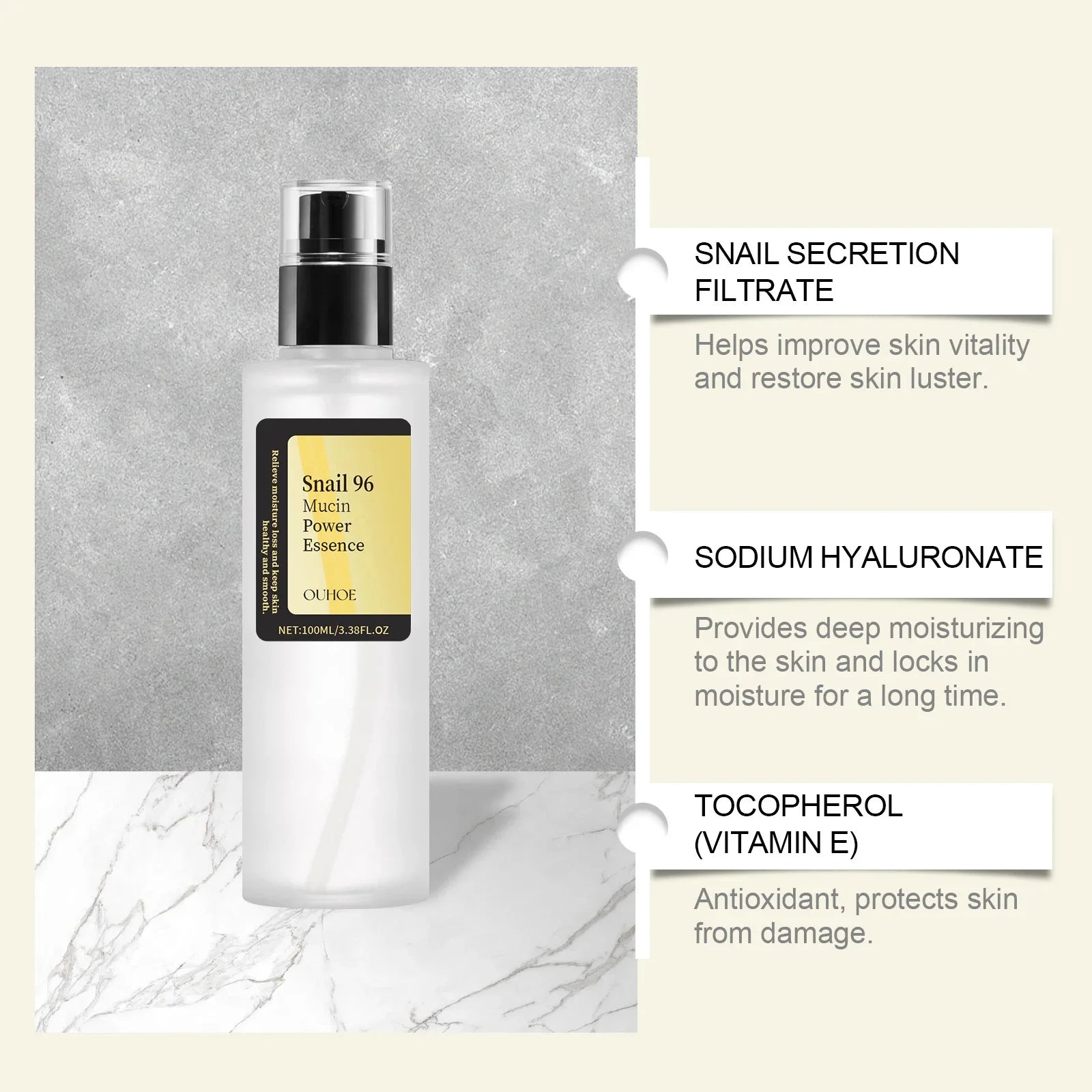 Snail 96 Mucin Power Essence – Mildert feine Linien – Feuchtigkeitsspendend, straffend, festigend, glättend, nährend, aufhellend – Hautpflege