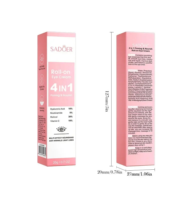 SADOER 4in1 Roll-on Feuchtigkeitsspendende Augencreme gegen Augenringe und Tränensäcke, straffendes Feuchtigkeitsserum für schöne Augen