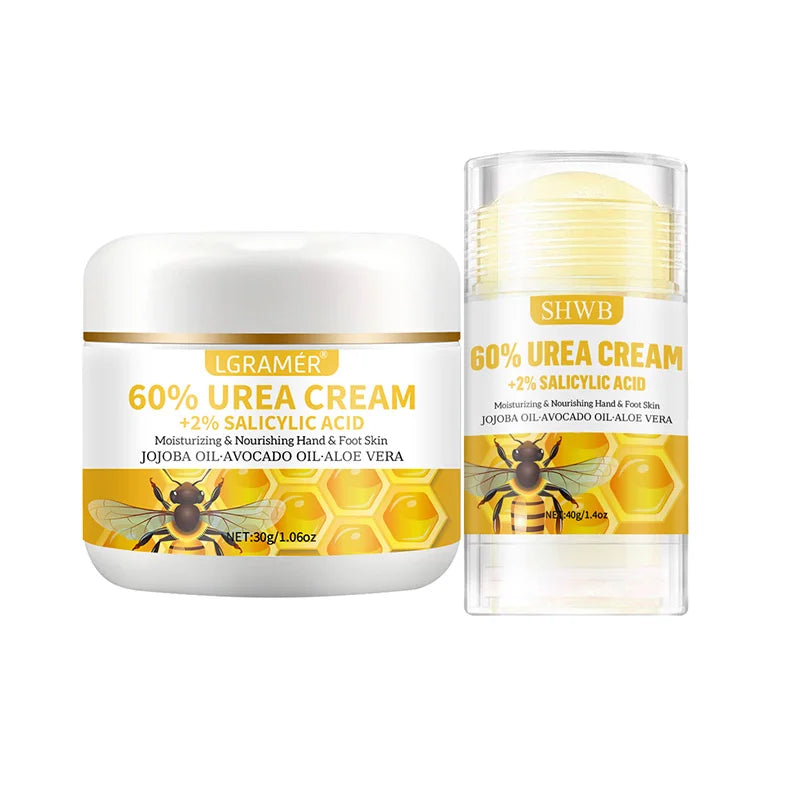 60%ige Urea-Hand- und Fußcreme repariert trockene, rissige Haut, peelt sanft, macht die Haut weich und spendet intensive Feuchtigkeit.