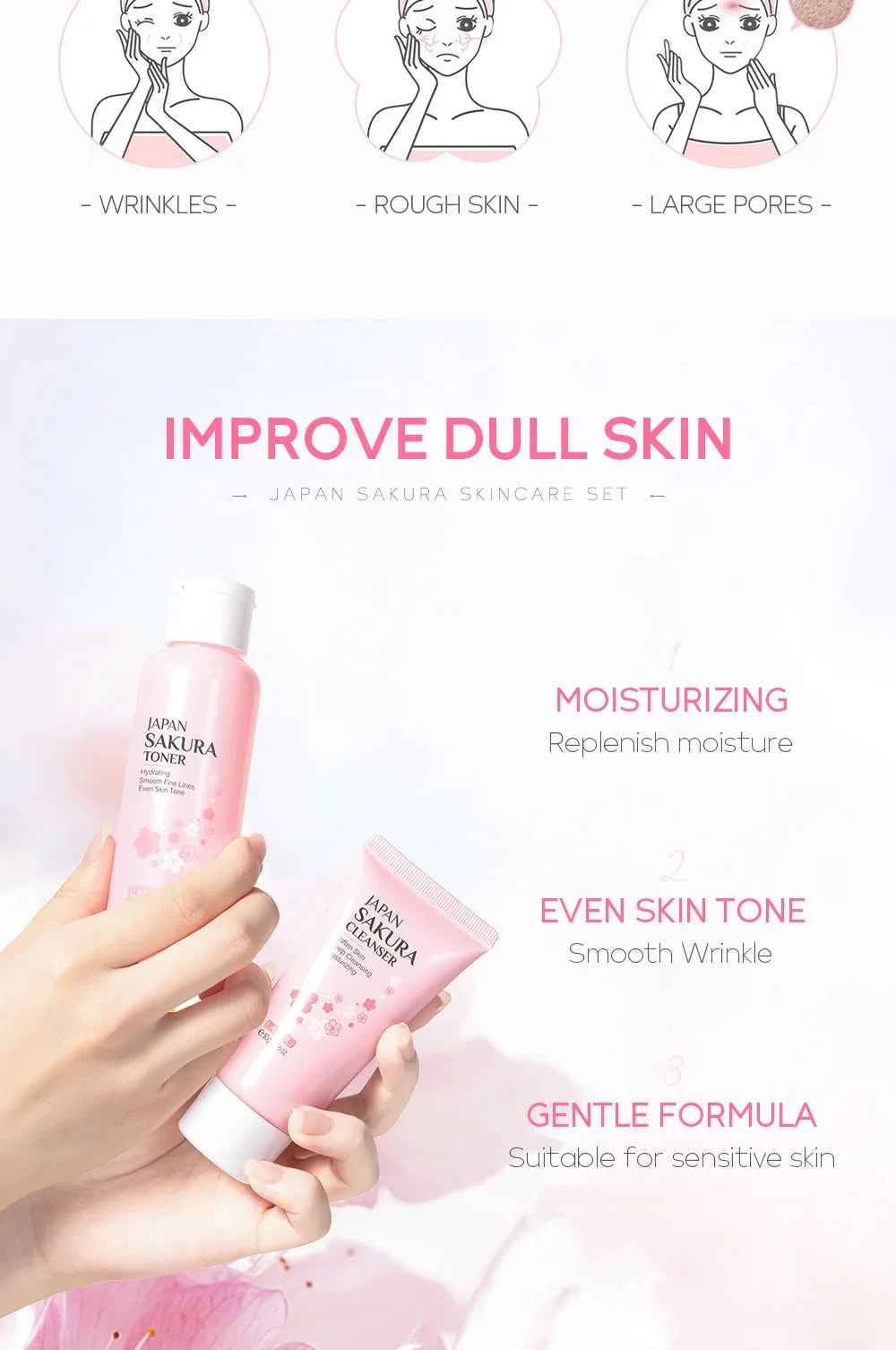 LAIKOU Sakura Kit Hautpflege-Sets – Feuchtigkeitsspendend, Fältchen reduzierend, Porenreinigend – 5-teilig – Geschenkidee zum Koreanischen Frauentag