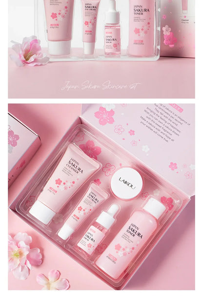 LAIKOU Sakura Kit Hautpflege-Sets – Feuchtigkeitsspendend, Fältchen reduzierend, Porenreinigend – 5-teilig – Geschenkidee zum Koreanischen Frauentag