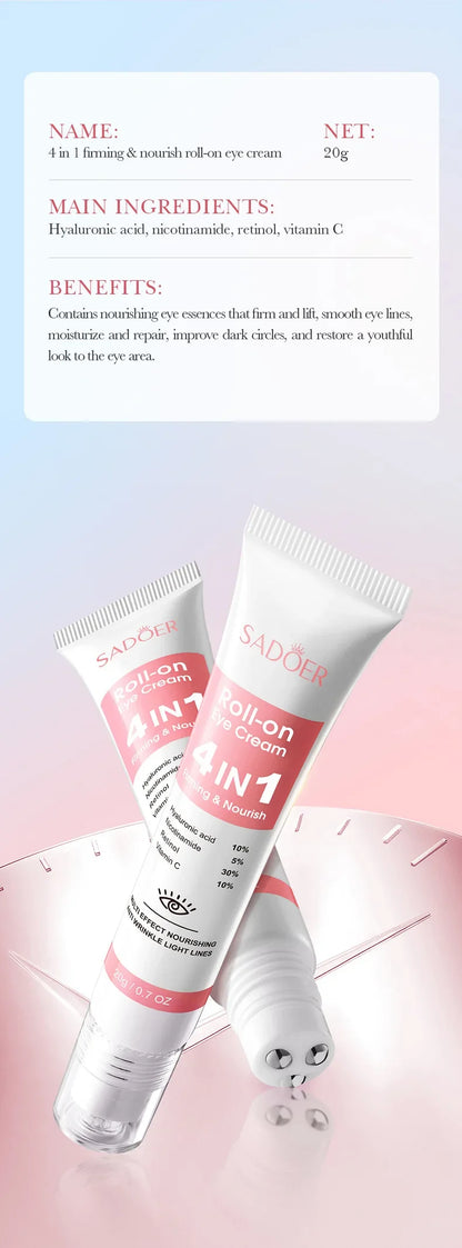 SADOER 4in1 Roll-on Feuchtigkeitsspendende Augencreme gegen Augenringe und Tränensäcke, straffendes Feuchtigkeitsserum für schöne Augen