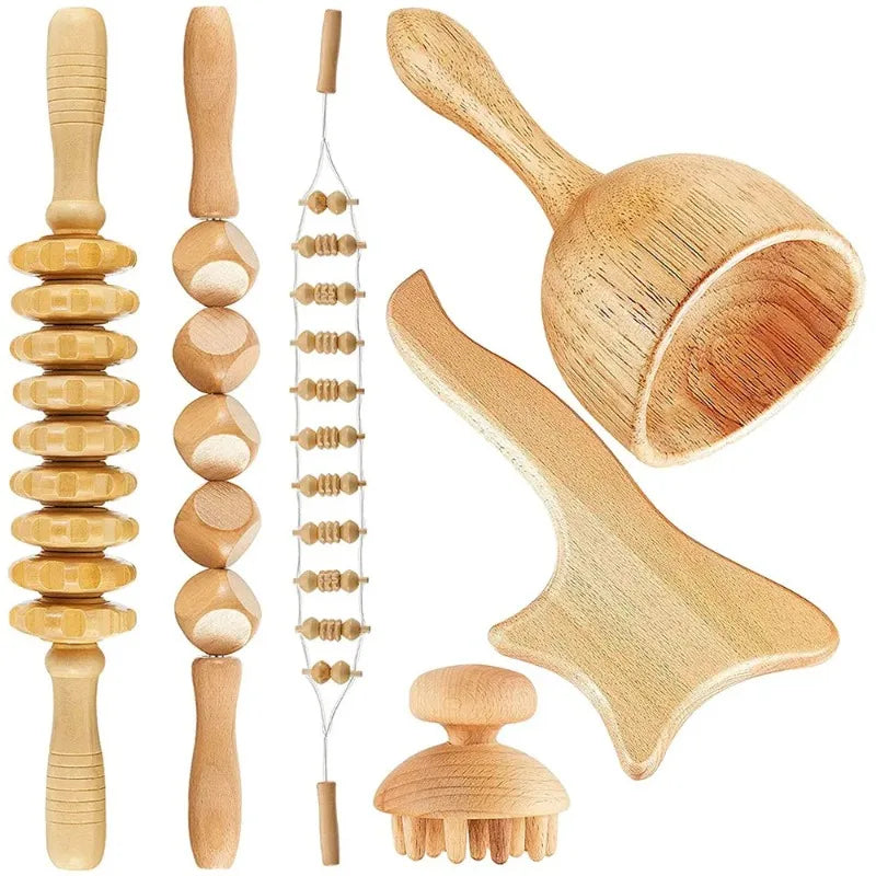 6-in-1-Massagegerät aus Holz zur Lymphdrainage, Anti-Cellulite und Faszienmassage für die Ganzkörper-Muskulaturentspannung