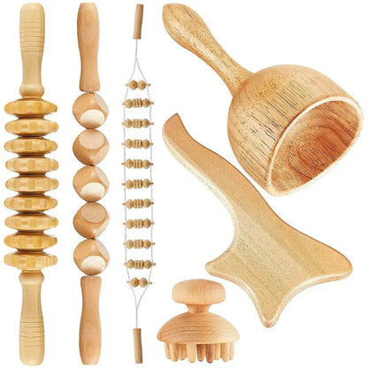 6-in-1-Massagegerät aus Holz zur Lymphdrainage, Anti-Cellulite und Faszienmassage für die Ganzkörper-Muskulaturentspannung
