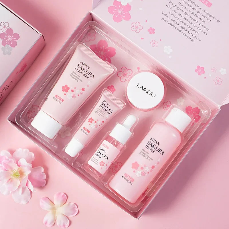 LAIKOU Sakura Kit Hautpflege-Sets – Feuchtigkeitsspendend, Fältchen reduzierend, Porenreinigend – 5-teilig – Geschenkidee zum Koreanischen Frauentag
