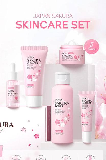 LAIKOU Sakura Kit Hautpflege-Sets – Feuchtigkeitsspendend, Fältchen reduzierend, Porenreinigend – 5-teilig – Geschenkidee zum Koreanischen Frauentag
