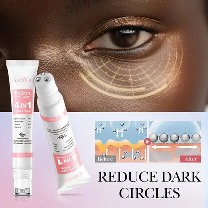 SADOER 4in1 Roll-on Feuchtigkeitsspendende Augencreme gegen Augenringe und Tränensäcke, straffendes Feuchtigkeitsserum für schöne Augen