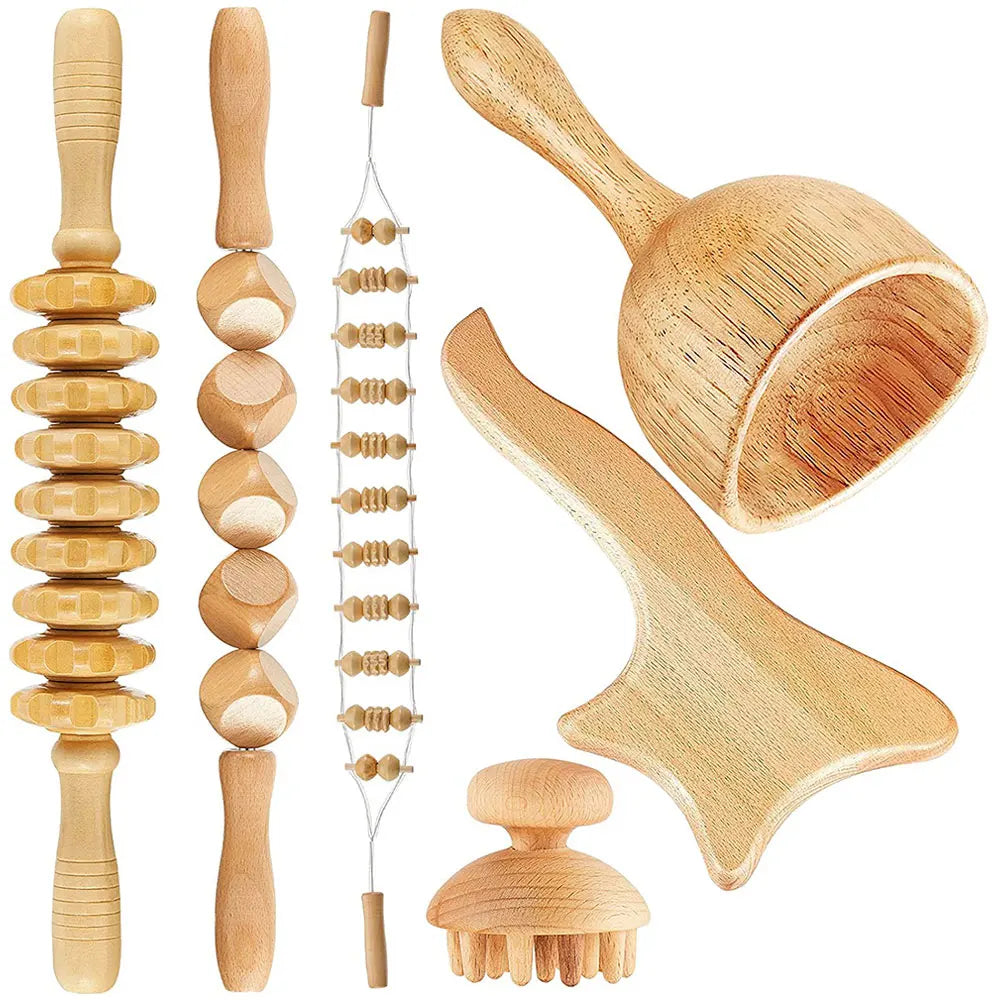6-in-1-Massagegerät aus Holz zur Lymphdrainage, Anti-Cellulite und Faszienmassage für die Ganzkörper-Muskulaturentspannung