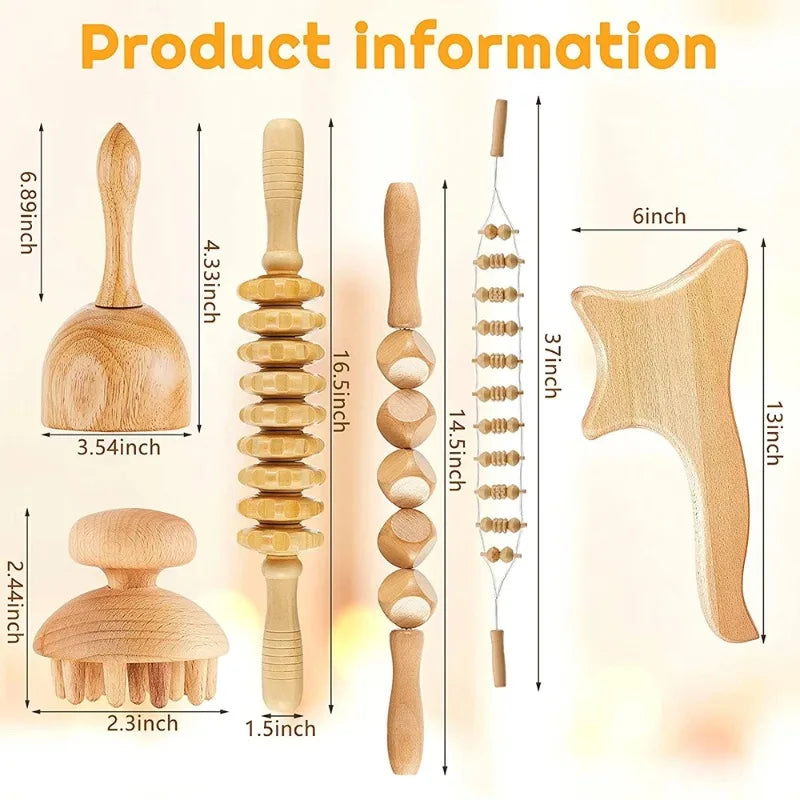 6-in-1-Massagegerät aus Holz zur Lymphdrainage, Anti-Cellulite und Faszienmassage für die Ganzkörper-Muskulaturentspannung