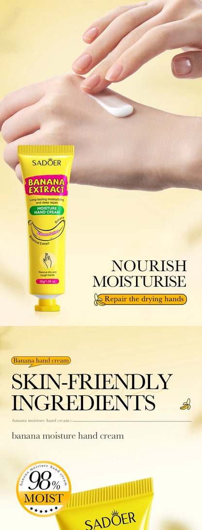 3/5 Stück SADOER Bananen-Handcreme – Anti-Trocknungs- und Risscreme – Feuchtigkeitsspendend, aufhellend, reparierend – für die Hautpflege der Hände