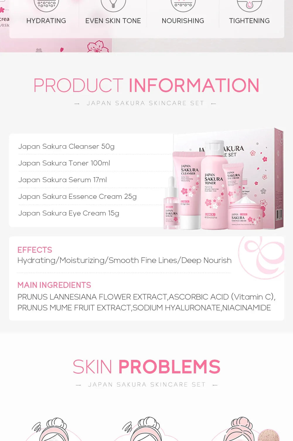 LAIKOU Sakura Kit Hautpflege-Sets – Feuchtigkeitsspendend, Fältchen reduzierend, Porenreinigend – 5-teilig – Geschenkidee zum Koreanischen Frauentag
