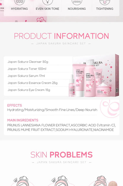 LAIKOU Sakura Kit Hautpflege-Sets – Feuchtigkeitsspendend, Fältchen reduzierend, Porenreinigend – 5-teilig – Geschenkidee zum Koreanischen Frauentag
