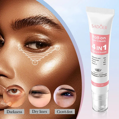 SADOER 4in1 Roll-on Feuchtigkeitsspendende Augencreme gegen Augenringe und Tränensäcke, straffendes Feuchtigkeitsserum für schöne Augen