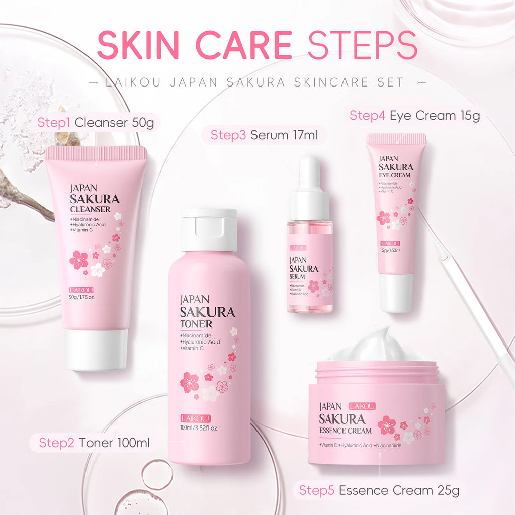 LAIKOU Sakura Kit Hautpflege-Sets – Feuchtigkeitsspendend, Fältchen reduzierend, Porenreinigend – 5-teilig – Geschenkidee zum Koreanischen Frauentag