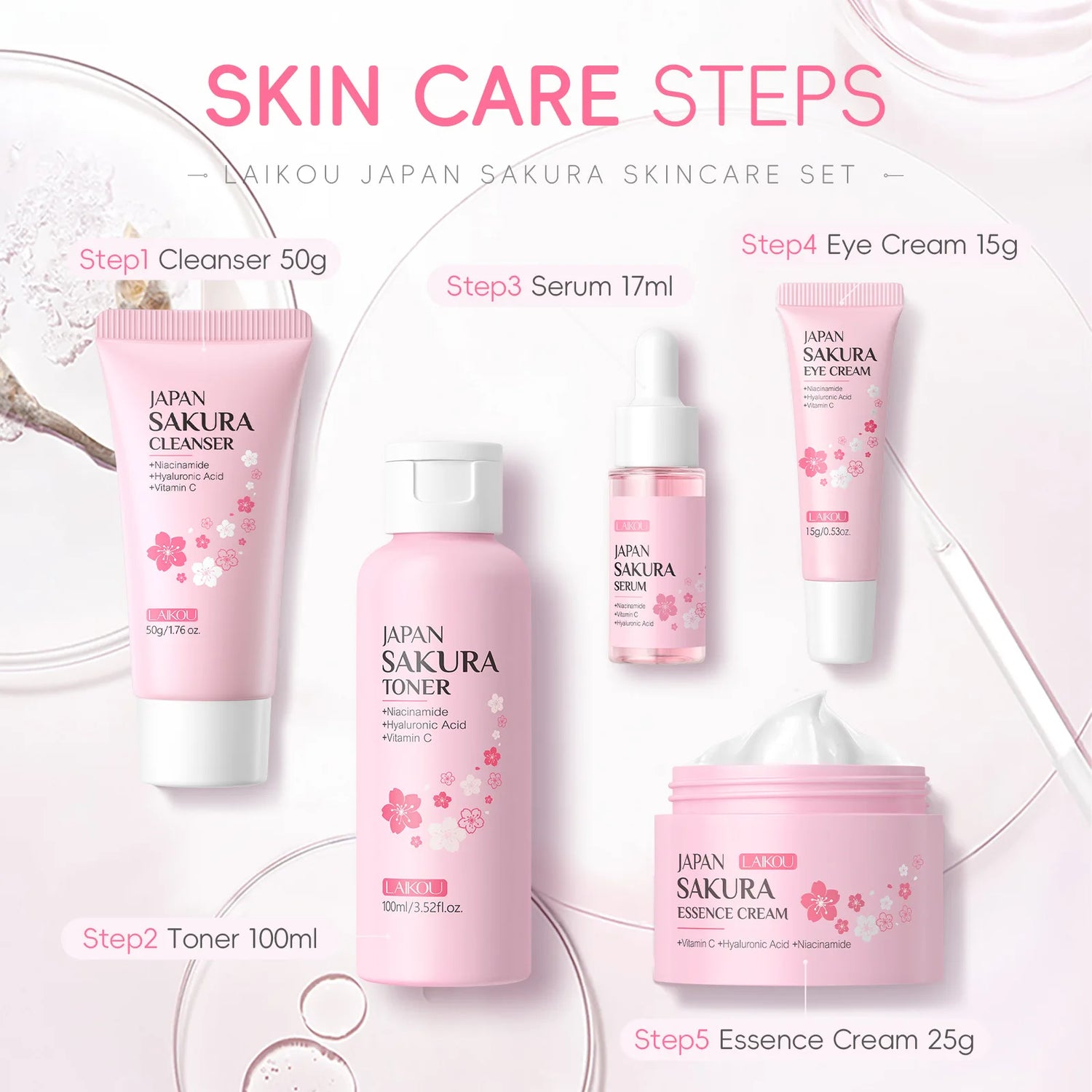 LAIKOU Sakura Kit Hautpflege-Sets – Feuchtigkeitsspendend, Fältchen reduzierend, Porenreinigend – 5-teilig – Geschenkidee zum Koreanischen Frauentag