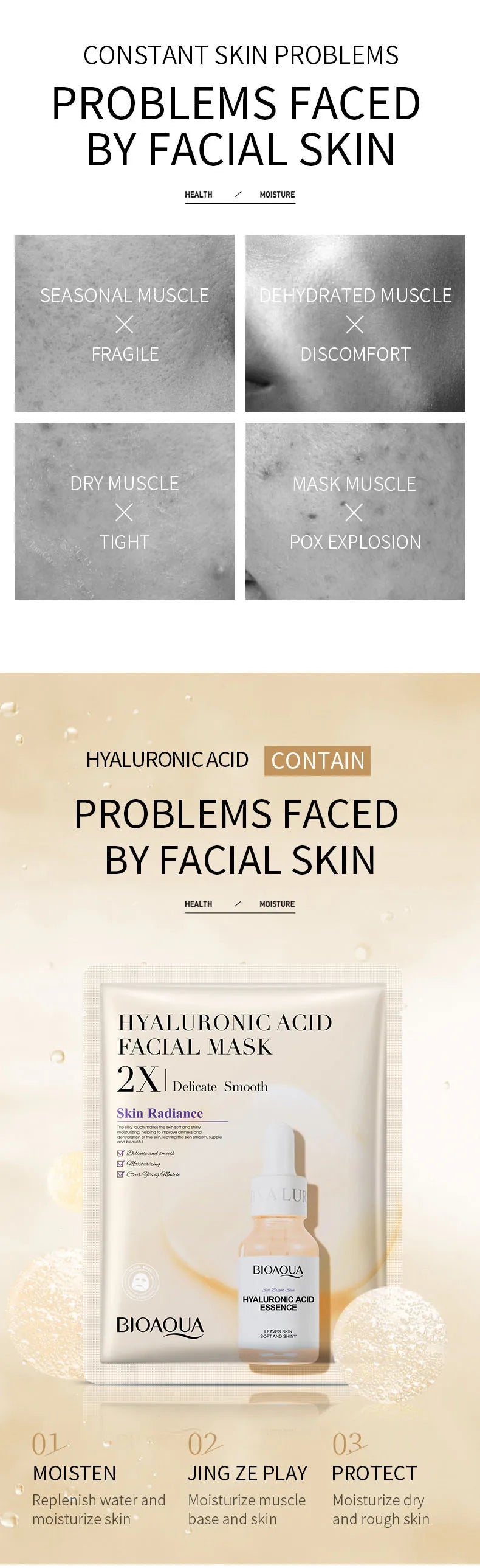 20 Stück BIOAQUA Centella Collagen Gesichtsmasken Feuchtigkeitsspendende, erfrischende Tuchmasken Hyaluronsäure-Gesichtsmaske Hautpflegeprodukte