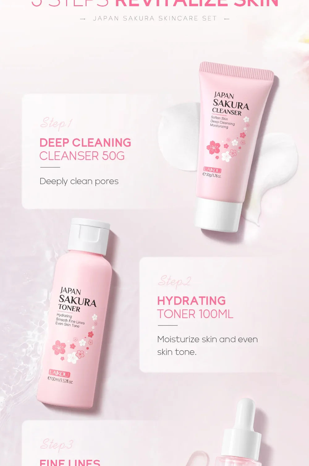 LAIKOU Sakura Kit Hautpflege-Sets – Feuchtigkeitsspendend, Fältchen reduzierend, Porenreinigend – 5-teilig – Geschenkidee zum Koreanischen Frauentag