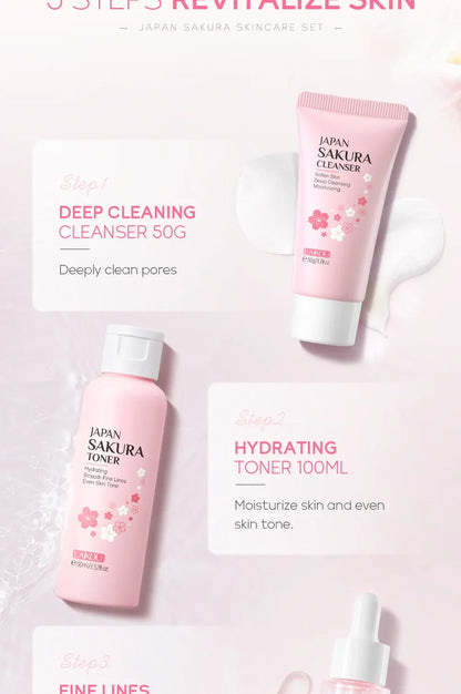 LAIKOU Sakura Kit Hautpflege-Sets – Feuchtigkeitsspendend, Fältchen reduzierend, Porenreinigend – 5-teilig – Geschenkidee zum Koreanischen Frauentag
