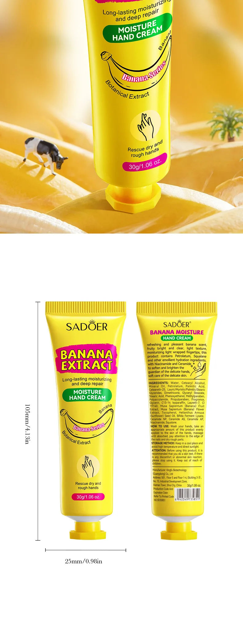 3/5 Stück SADOER Bananen-Handcreme – Anti-Trocknungs- und Risscreme – Feuchtigkeitsspendend, aufhellend, reparierend – für die Hautpflege der Hände