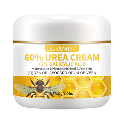60%ige Urea-Hand- und Fußcreme repariert trockene, rissige Haut, peelt sanft, macht die Haut weich und spendet intensive Feuchtigkeit.