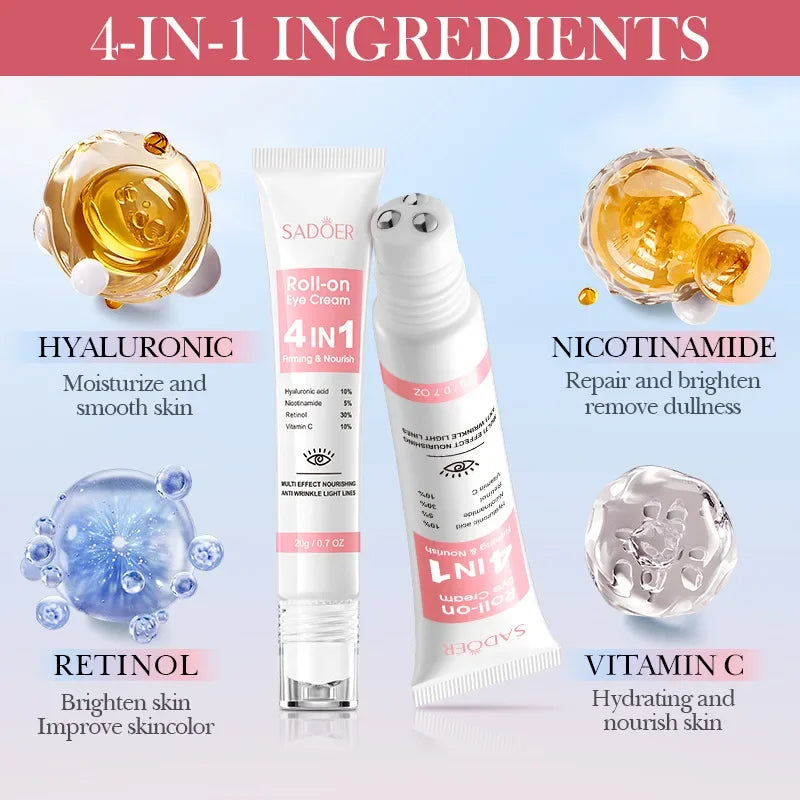 SADOER 4in1 Roll-on Feuchtigkeitsspendende Augencreme gegen Augenringe und Tränensäcke, straffendes Feuchtigkeitsserum für schöne Augen
