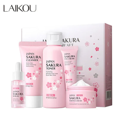 LAIKOU Sakura Kit Hautpflege-Sets – Feuchtigkeitsspendend, Fältchen reduzierend, Porenreinigend – 5-teilig – Geschenkidee zum Koreanischen Frauentag