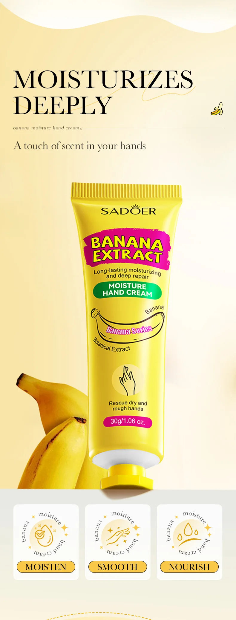 3/5 Stück SADOER Bananen-Handcreme – Anti-Trocknungs- und Risscreme – Feuchtigkeitsspendend, aufhellend, reparierend – für die Hautpflege der Hände