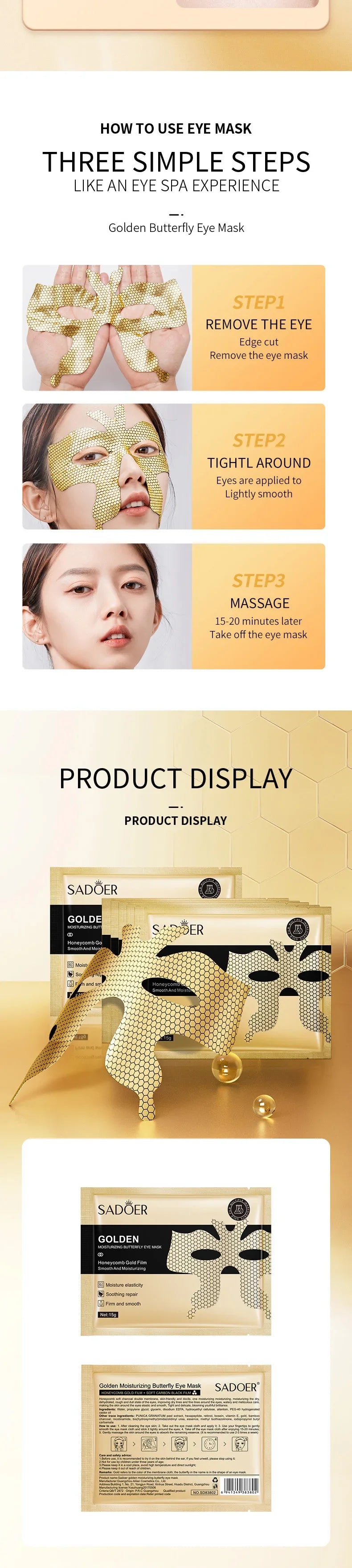 10 Stück SADOER Peptid-Golden-Kollagen-Augenmaske Feuchtigkeitsspendend Straffend Glättend Anti-Augenringe Augenmasken Hautpflege