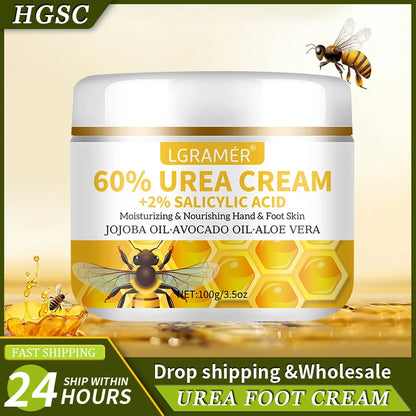 60%ige Urea-Hand- und Fußcreme repariert trockene, rissige Haut, peelt sanft, macht die Haut weich und spendet intensive Feuchtigkeit.