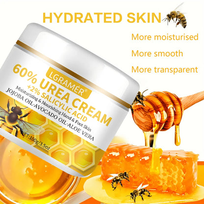 60%ige Urea-Hand- und Fußcreme repariert trockene, rissige Haut, peelt sanft, macht die Haut weich und spendet intensive Feuchtigkeit.