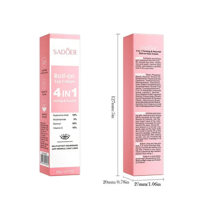 SADOER 4in1 Roll-on Feuchtigkeitsspendende Augencreme gegen Augenringe und Tränensäcke, straffendes Feuchtigkeitsserum für schöne Augen