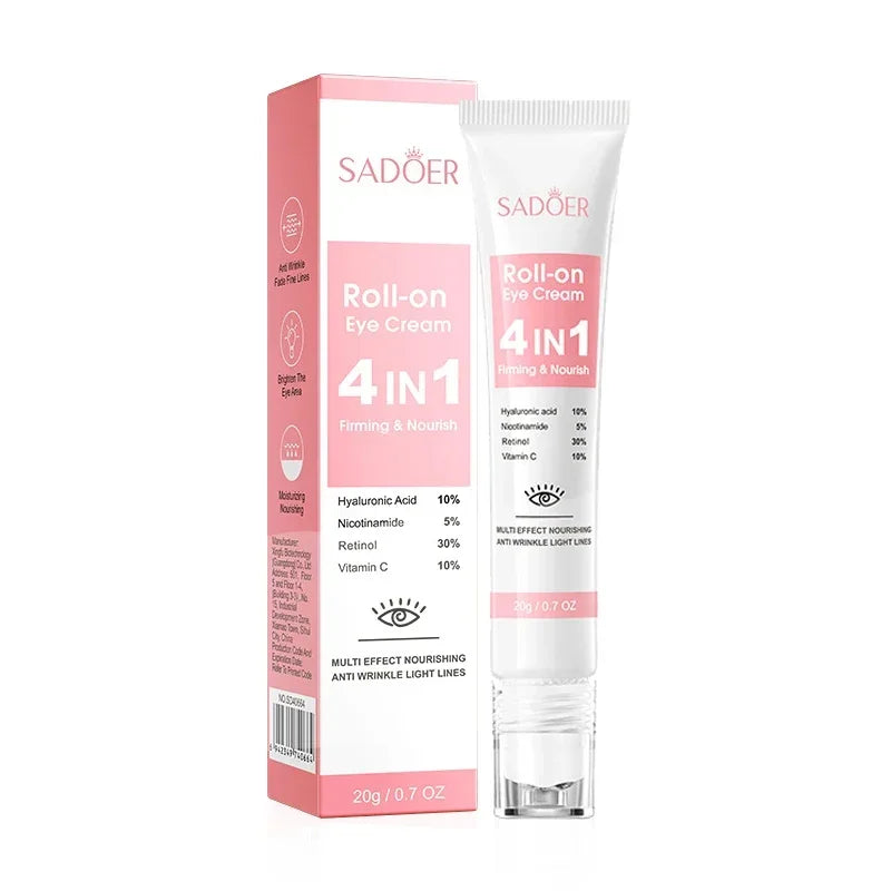 SADOER 4in1 Roll-on Feuchtigkeitsspendende Augencreme gegen Augenringe und Tränensäcke, straffendes Feuchtigkeitsserum für schöne Augen