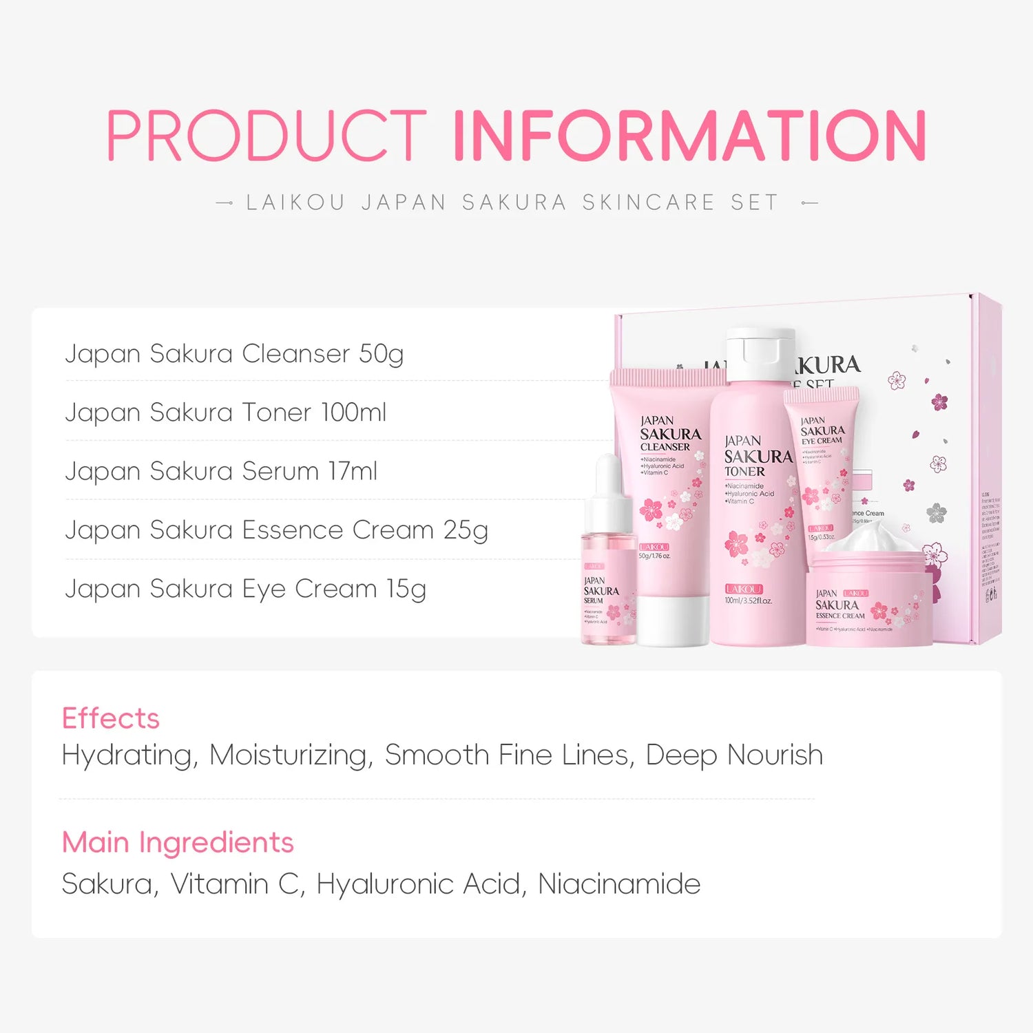 LAIKOU Sakura Kit Hautpflege-Sets – Feuchtigkeitsspendend, Fältchen reduzierend, Porenreinigend – 5-teilig – Geschenkidee zum Koreanischen Frauentag