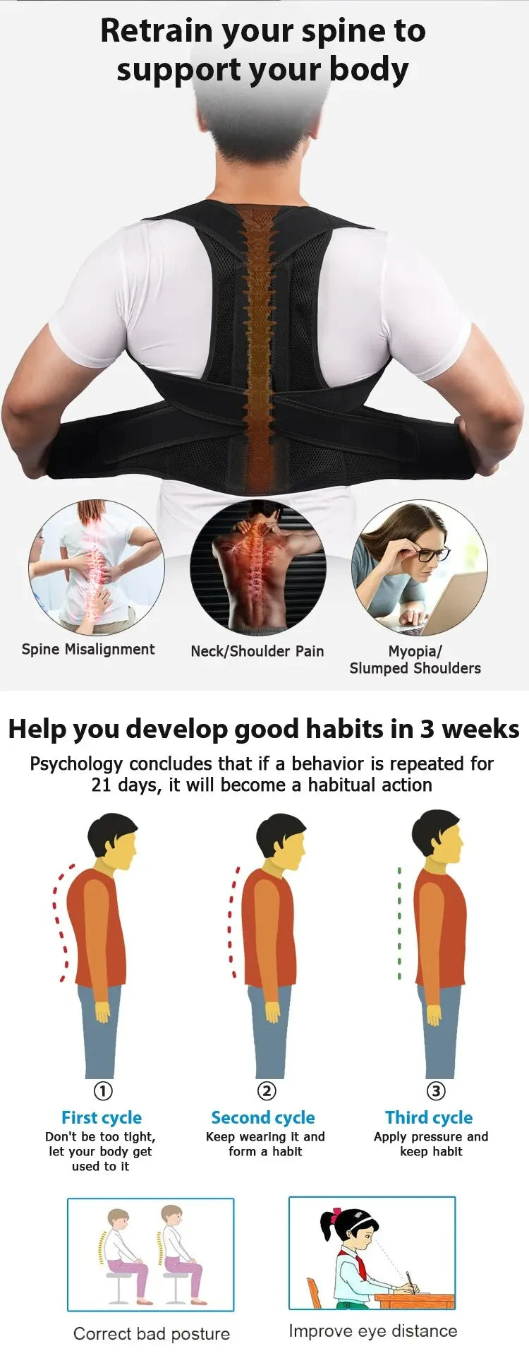 Back Posture Corrector Brace - Shoulder Support for Pain Relief &amp; Spine Alignment