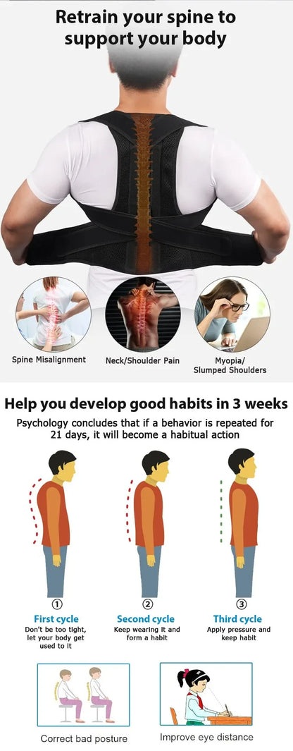 Back Posture Corrector Brace - Shoulder Support for Pain Relief &amp; Spine Alignment