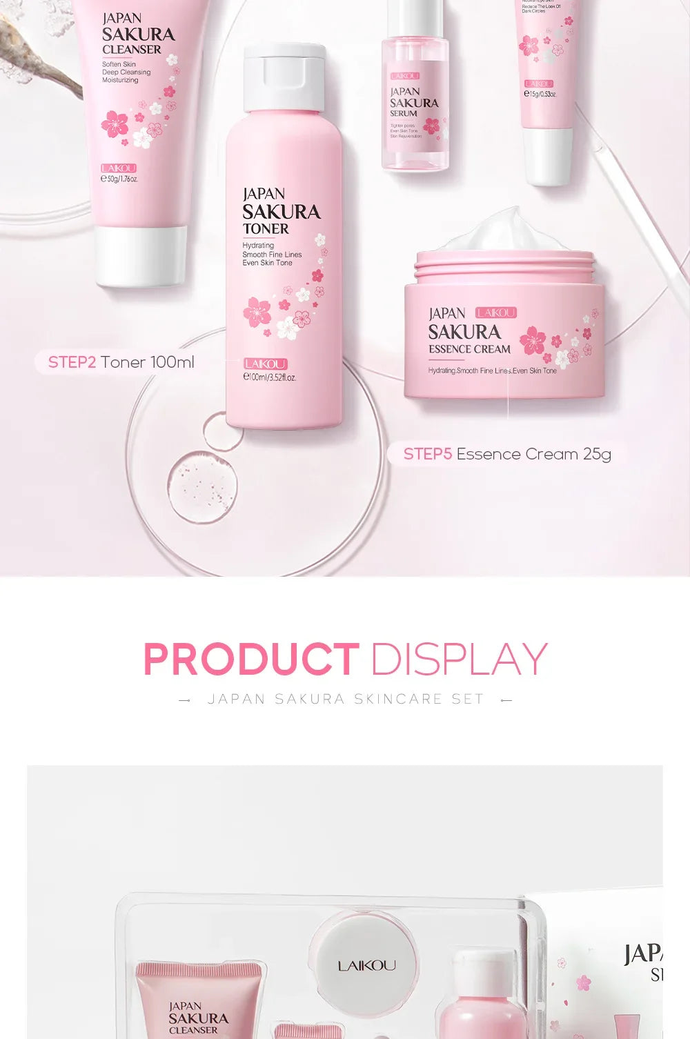 LAIKOU Sakura Kit Hautpflege-Sets – Feuchtigkeitsspendend, Fältchen reduzierend, Porenreinigend – 5-teilig – Geschenkidee zum Koreanischen Frauentag