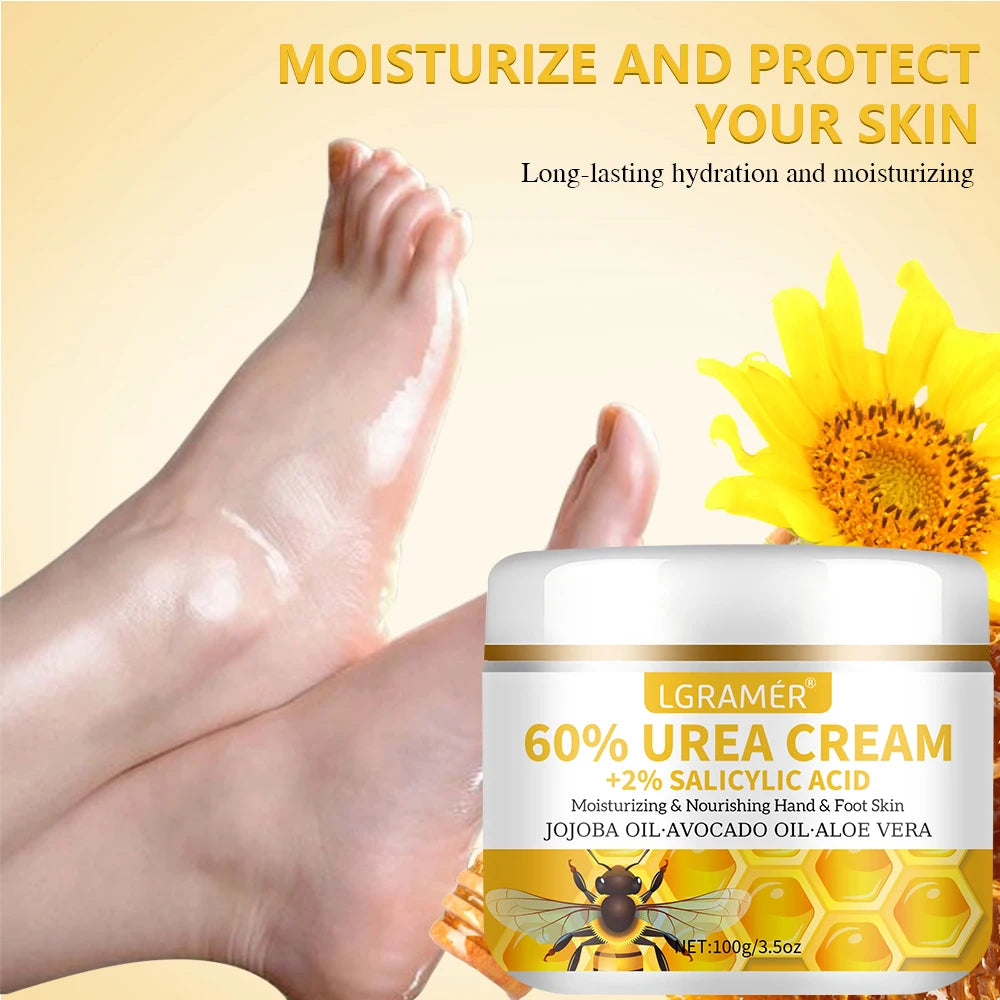60%ige Urea-Hand- und Fußcreme repariert trockene, rissige Haut, peelt sanft, macht die Haut weich und spendet intensive Feuchtigkeit.