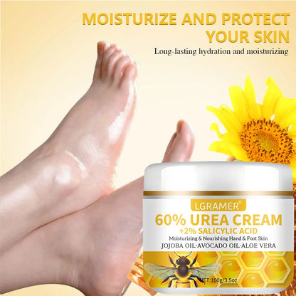60%ige Urea-Hand- und Fußcreme repariert trockene, rissige Haut, peelt sanft, macht die Haut weich und spendet intensive Feuchtigkeit.