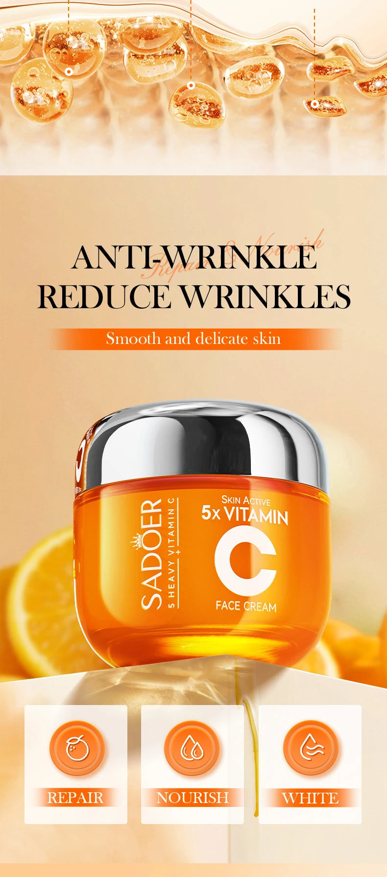 SADOER Vitamin C Gesichtscreme – Straffende, feuchtigkeitsspendende und aufhellende Gesichtscreme für schöne Haut