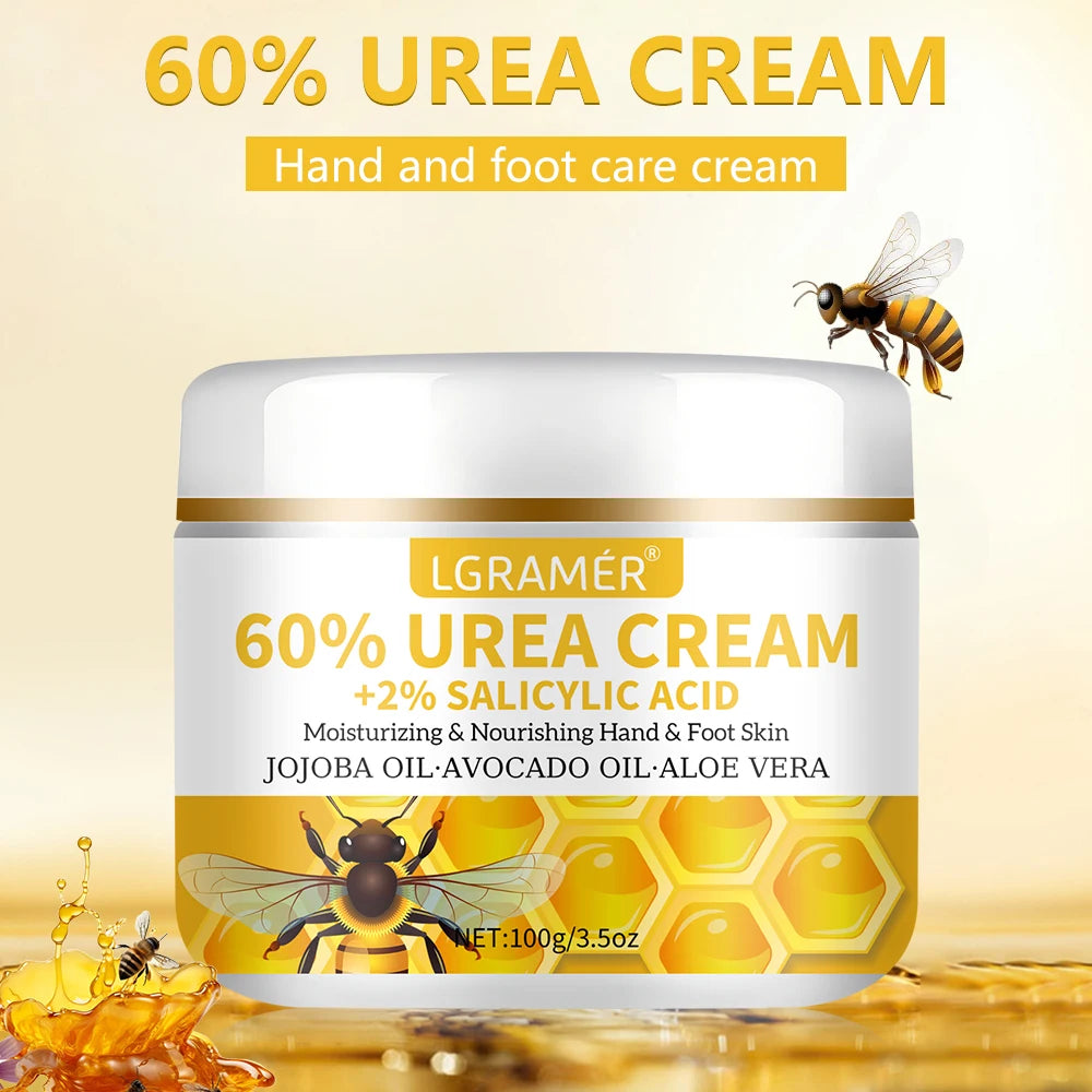 60%ige Urea-Hand- und Fußcreme repariert trockene, rissige Haut, peelt sanft, macht die Haut weich und spendet intensive Feuchtigkeit.