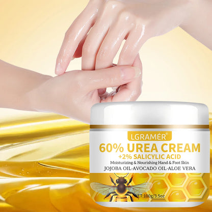 60%ige Urea-Hand- und Fußcreme repariert trockene, rissige Haut, peelt sanft, macht die Haut weich und spendet intensive Feuchtigkeit.